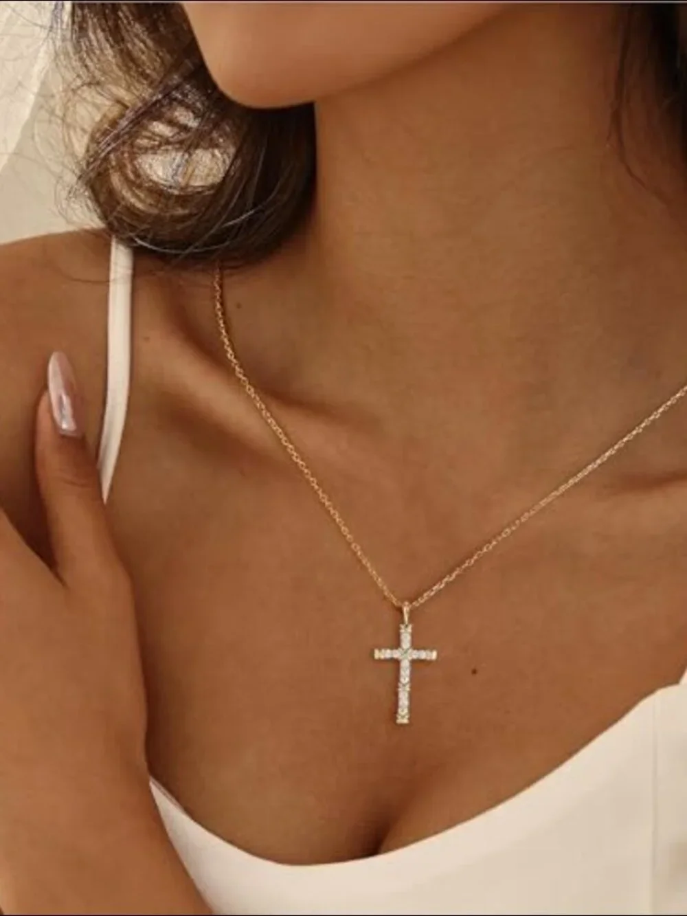 14K Gold Filled Sterling Silver Cross Pendant Necklace with CZ Diamonds - Picture 3 of 7